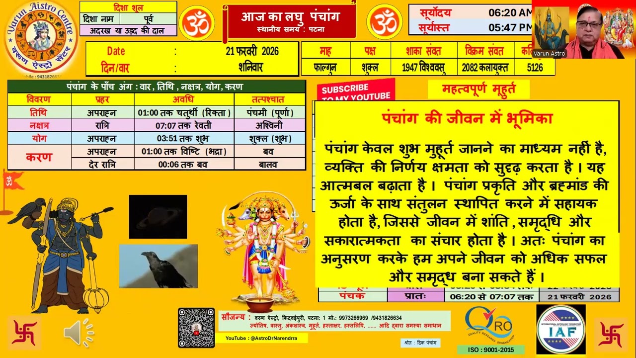 लघु पंचांग : 21 फरवरी 2026 [ शनिवार ]@AstroDrNarendrra
