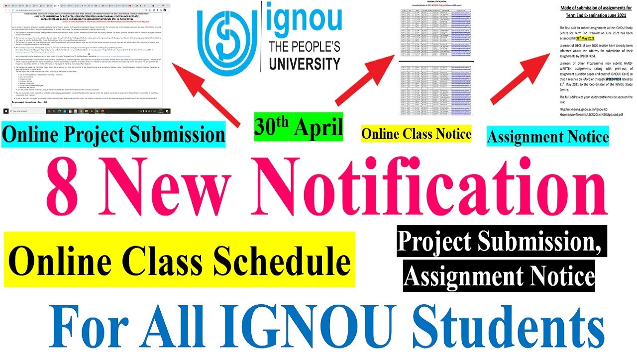 8 New Notification Released by IGNOU,Project Submission Portal,Assignment Notice,Online Classes