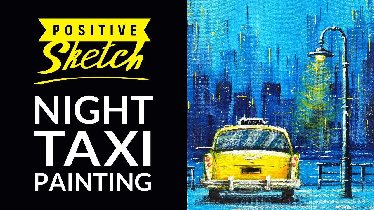 Acrylic painting tutorial, Cityscape, Night taxi, Easy painting tutorial