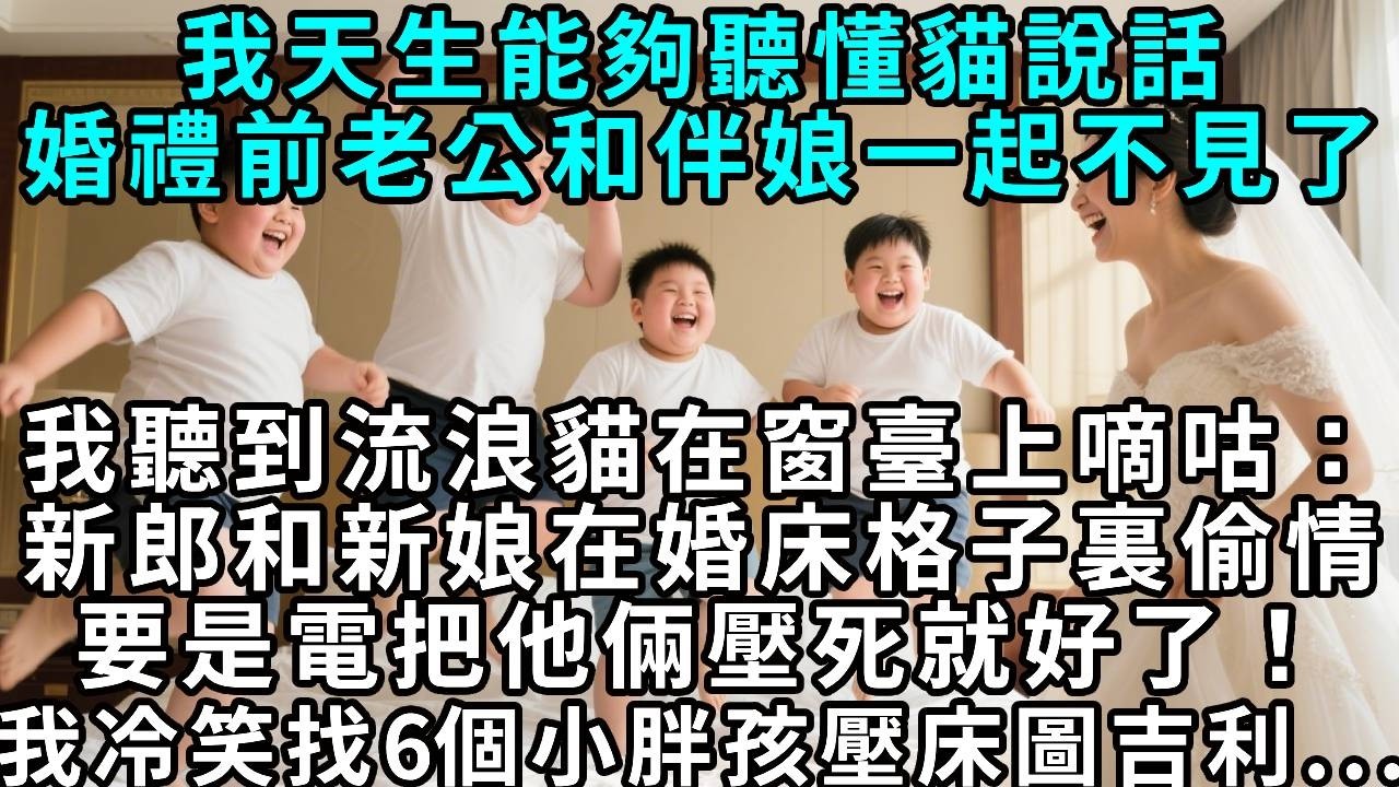 我天生能夠聽懂貓說話，婚禮前老公和伴娘一起不見了，我聽到流浪貓在窗臺上嘀咕：新郎和新娘在婚床格子裡偷情，要是電動床把他倆壓死就好了！我冷笑找6個小胖孩壓床，圖吉利...