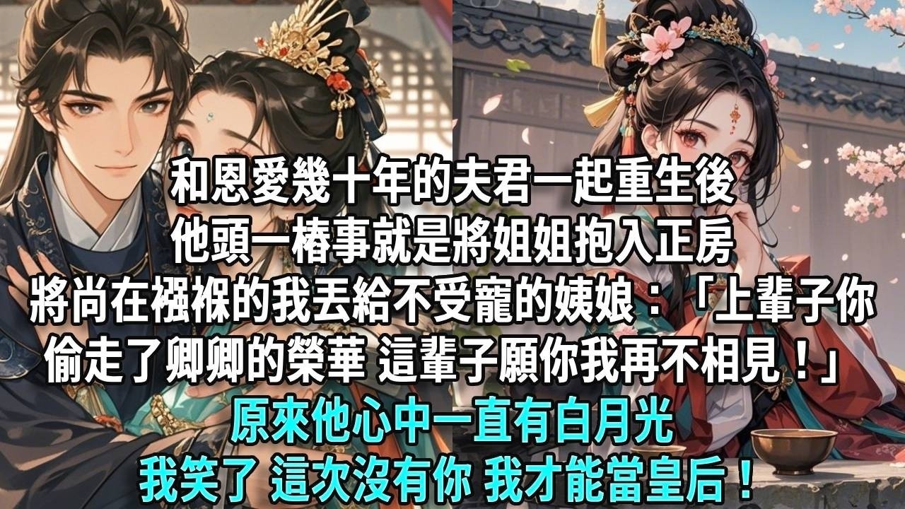和恩愛幾十年的夫君一起重生後，他頭一樁事就是將姐姐抱入正房，將尚在襁褓的我丟給不受寵的姨娘：「上輩子你偷走了卿卿的榮華，這輩子，願你我再不相見！」原來他心中一直有白月光，我笑這次沒有你，我才能當