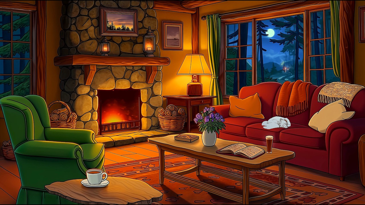Relaxing by the fireplace in a small cabin while it rains | Vintage Jazz Music Playing 🎶