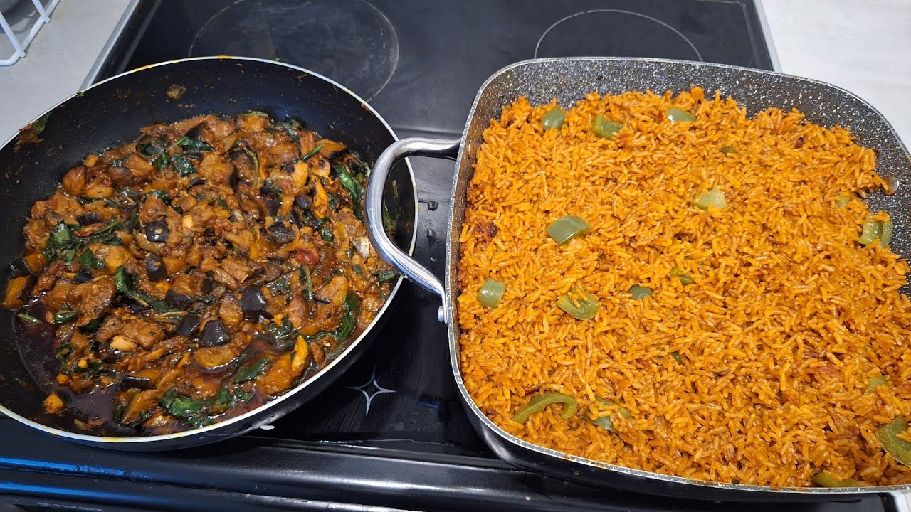 Let's make jollof rice and eggplant & spinach stew with boiled plantains 