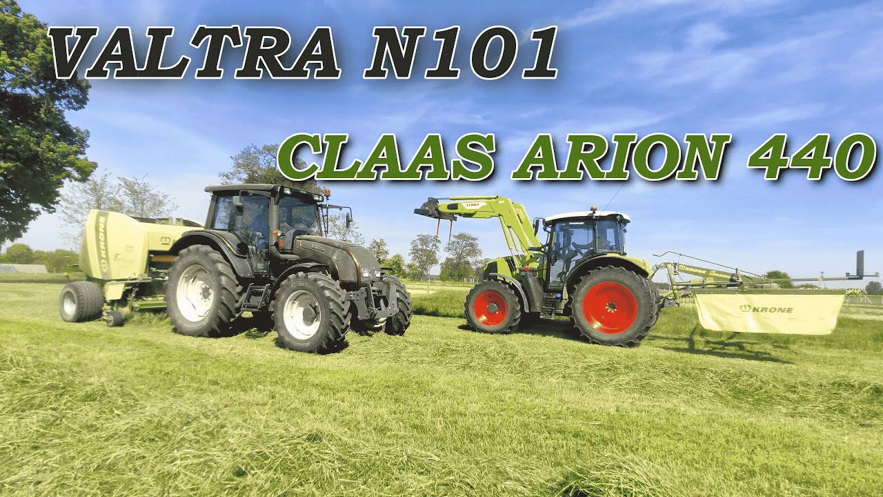 Sianokosy 2022 - Valtra n101 i Claas Arion 440