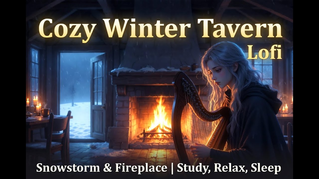Cozy Winter Tavern Lofi ❄️ Snowstorm & Fireplace | Medieval Fantasy Music for Study, Relax & Sleep