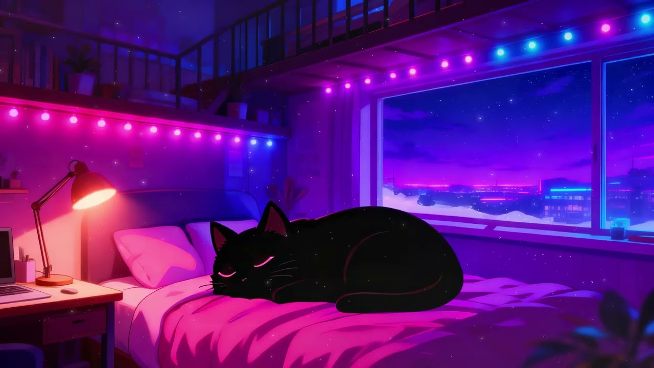 Sleepy Neon Bedroom 🌙🐈&zwj; | Lofi Cat Sleep & Relax Beats [Night City View & Soft Ambient Lights]