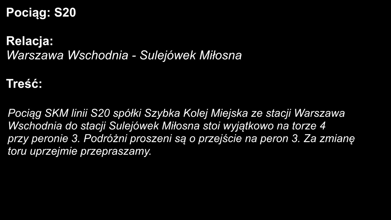 Zapowiedzi pociągów na stacji Warszawa Wschodnia