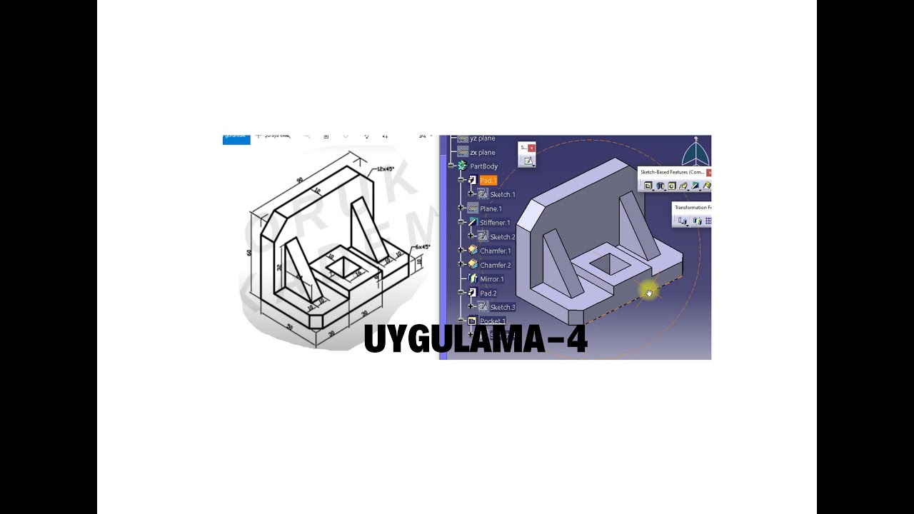 Catia v5 r20 Türkçe eğitim videoları 3D Örnek çizimler  Uygulama-4  Mirror, pocket, fıllets