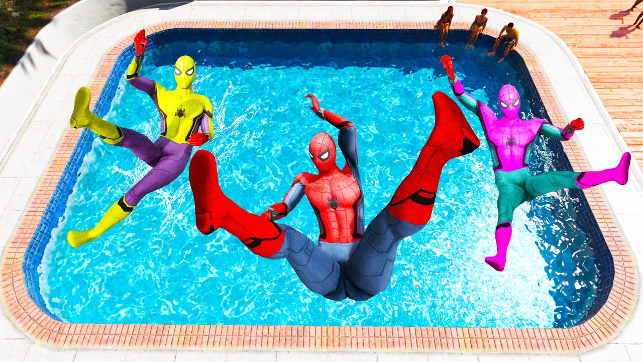 GTA 5 Rainbow  Yellow Vs Red & Pink  Spiderman Jumping Into Pool (Euphoria Physics/Ragdolls) #1
