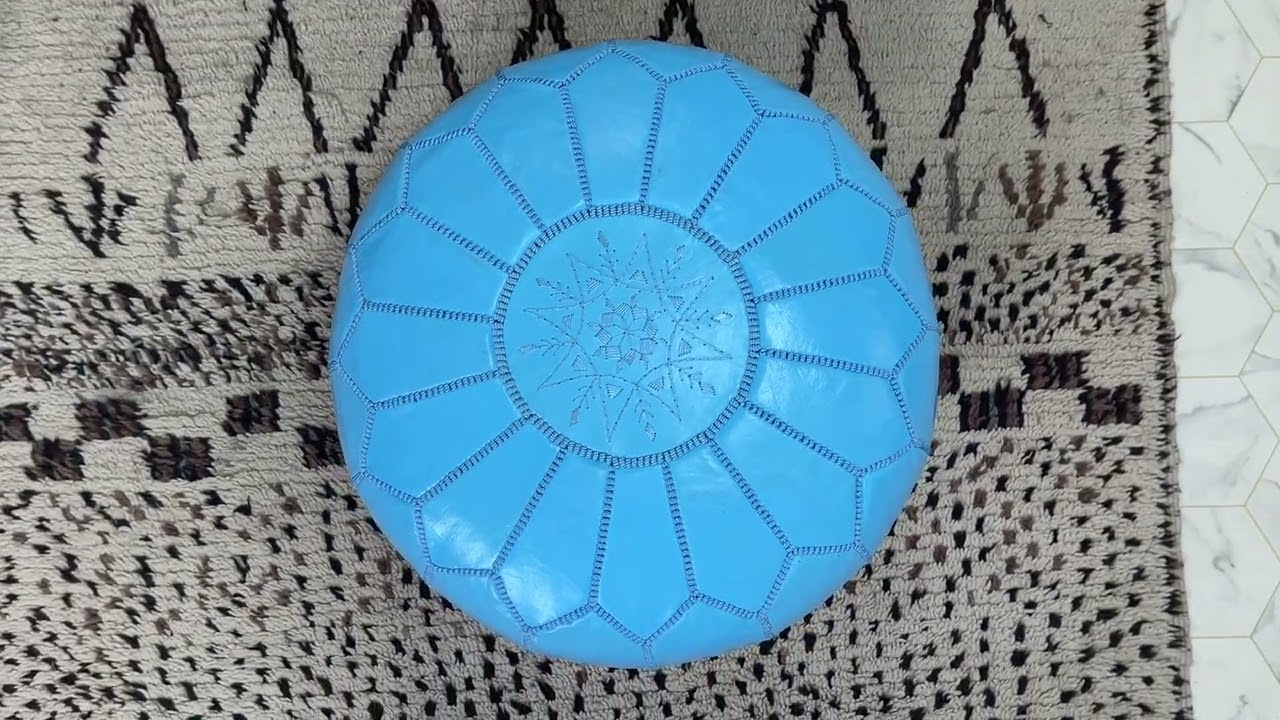 Kechart &ndash; Sky-blue Moroccan leather ottoman pouf, handmade pure leather pouf, chairs & ottomans