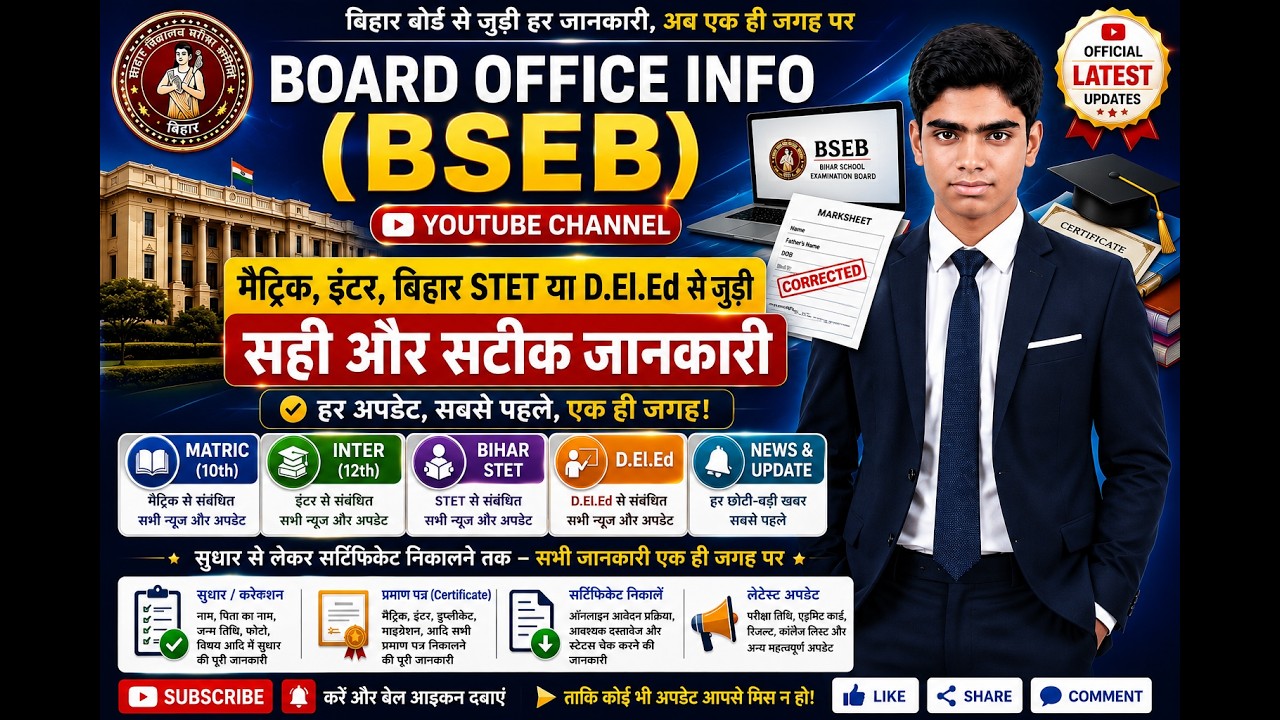 Bihar Board Office BSEB Matric, Inter, STET, D.El.Ed Updates, Document Correction & Certificate Info