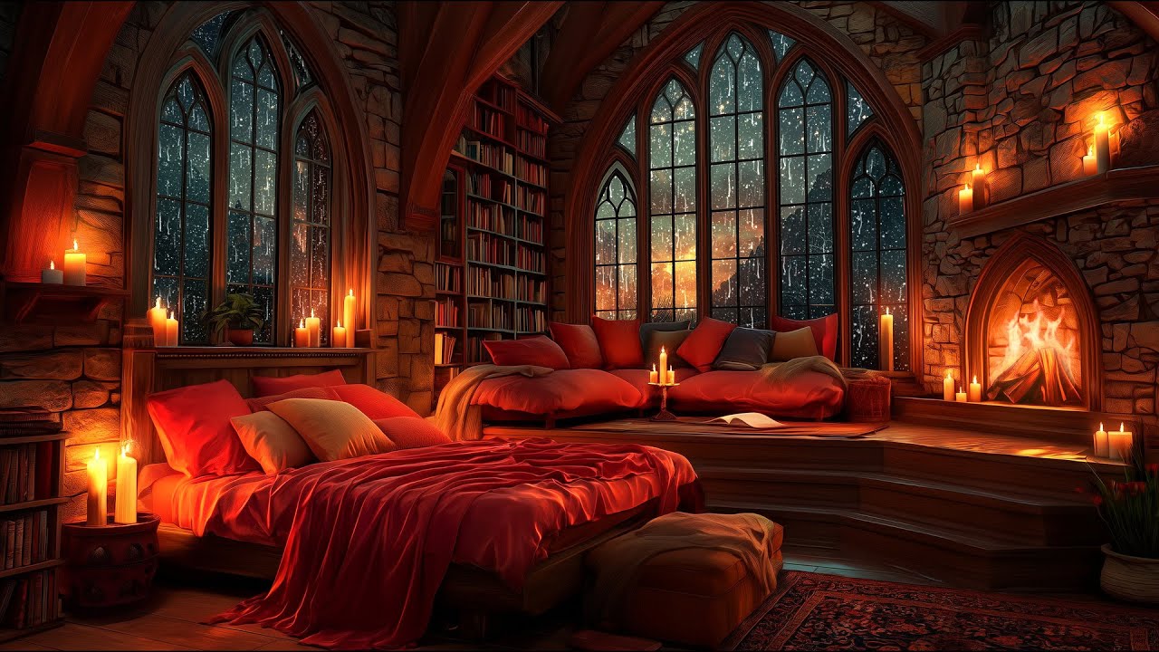 Thunderstorm, Crackling Fireplace & Rain | Cozy Reading Nook in this Castle Room, Rainy Day