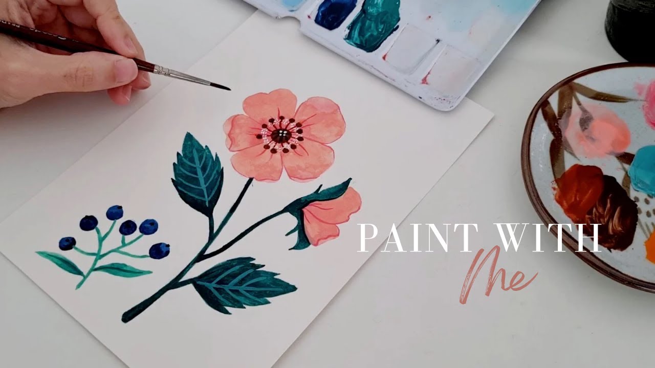 Cozy Watercolor Process | Painting Pink Florals & Blueberries