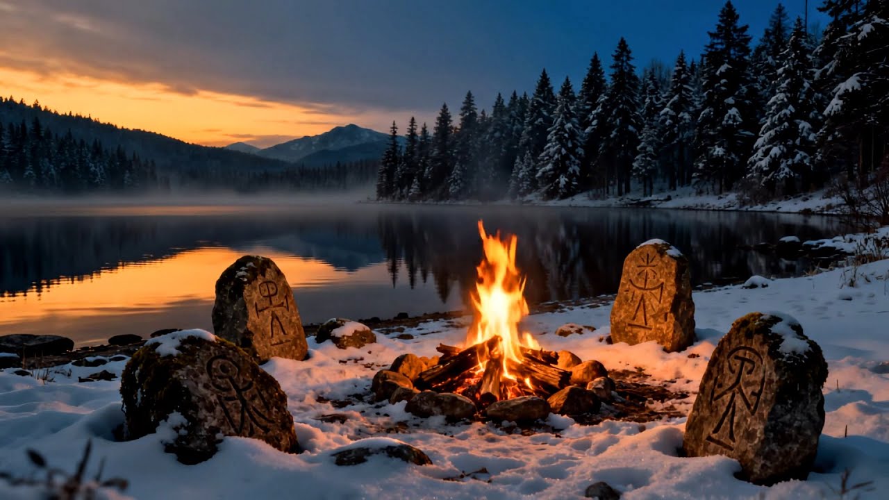 Sunset Campfire in Winter ❄️ Crackling Fire & Serene Lakeside Ambience