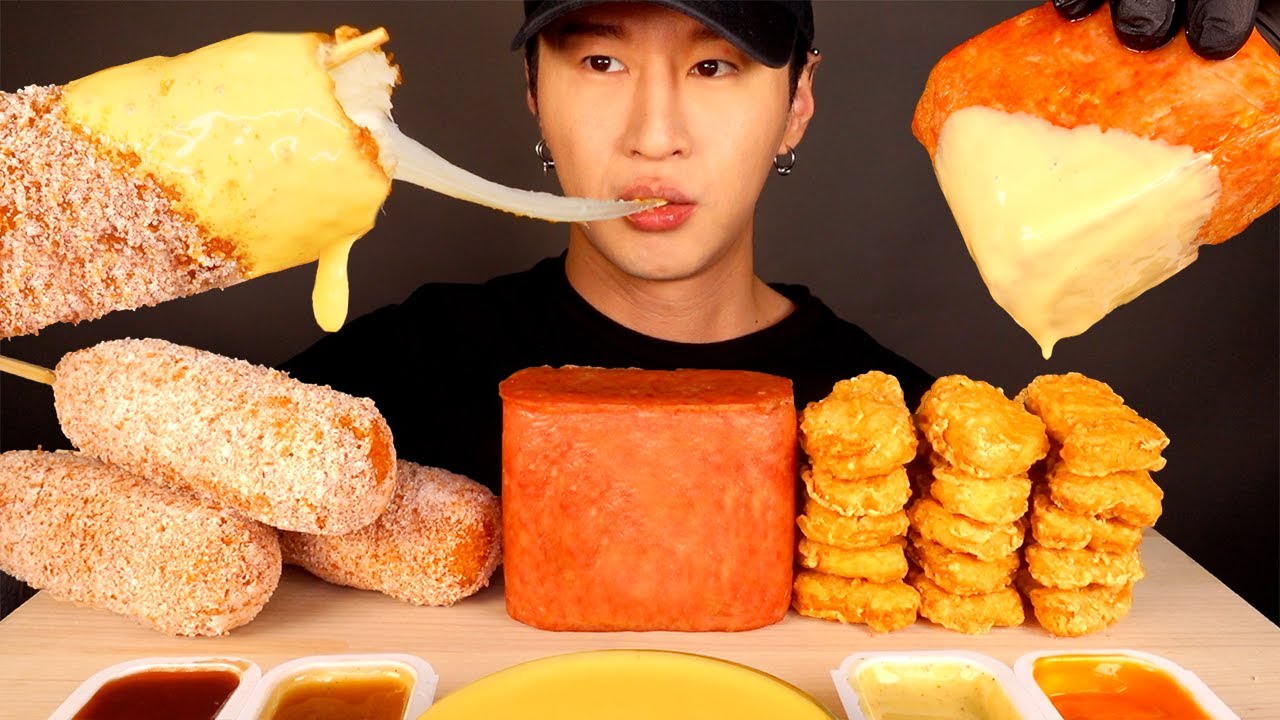 ASMR MUKBANG CHEESY MOZZARELLA CORN DOGS & SPAM & CHICKEN NUGGETS (No Talking) EATING SOUNDS