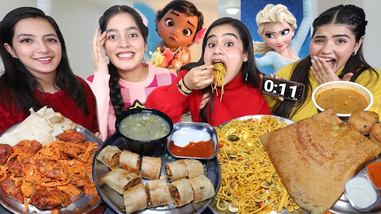 Guess the Disney Character by their Eyes Food Challenge | Chilli Momos🔥, Spring Roll, ChowMein, Dosa