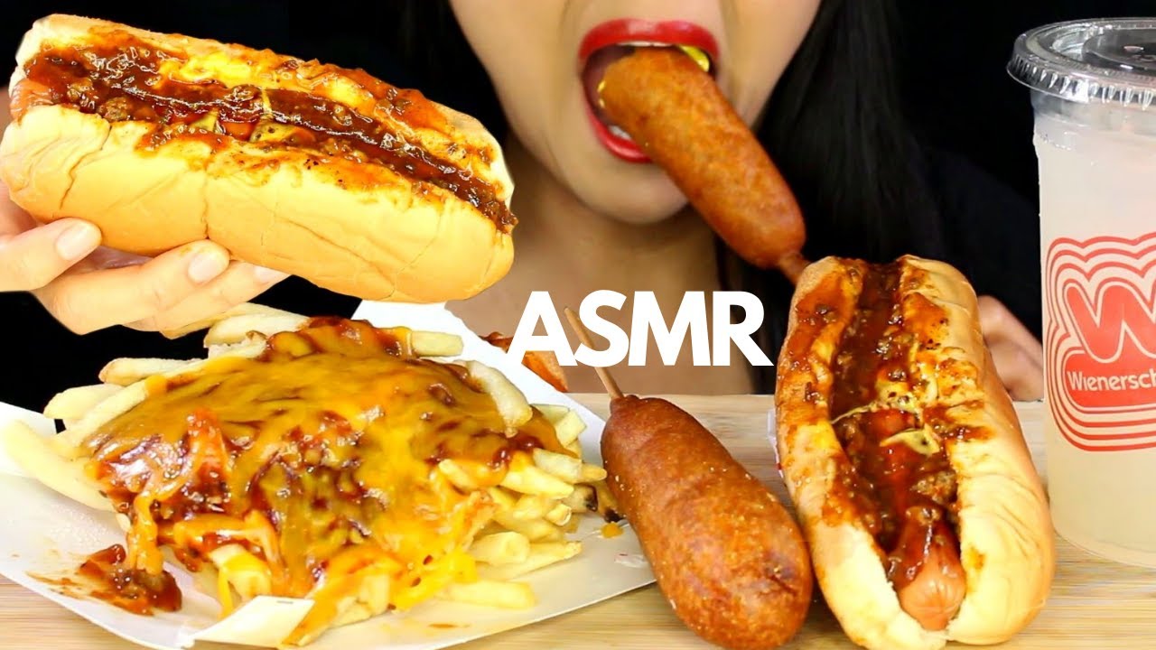 ASMR WIENERSCHNITZEL Corn Dog, Chili Cheese Dog, Chili Cheese Fries EATING SOUNDS MUKBANG No Talking