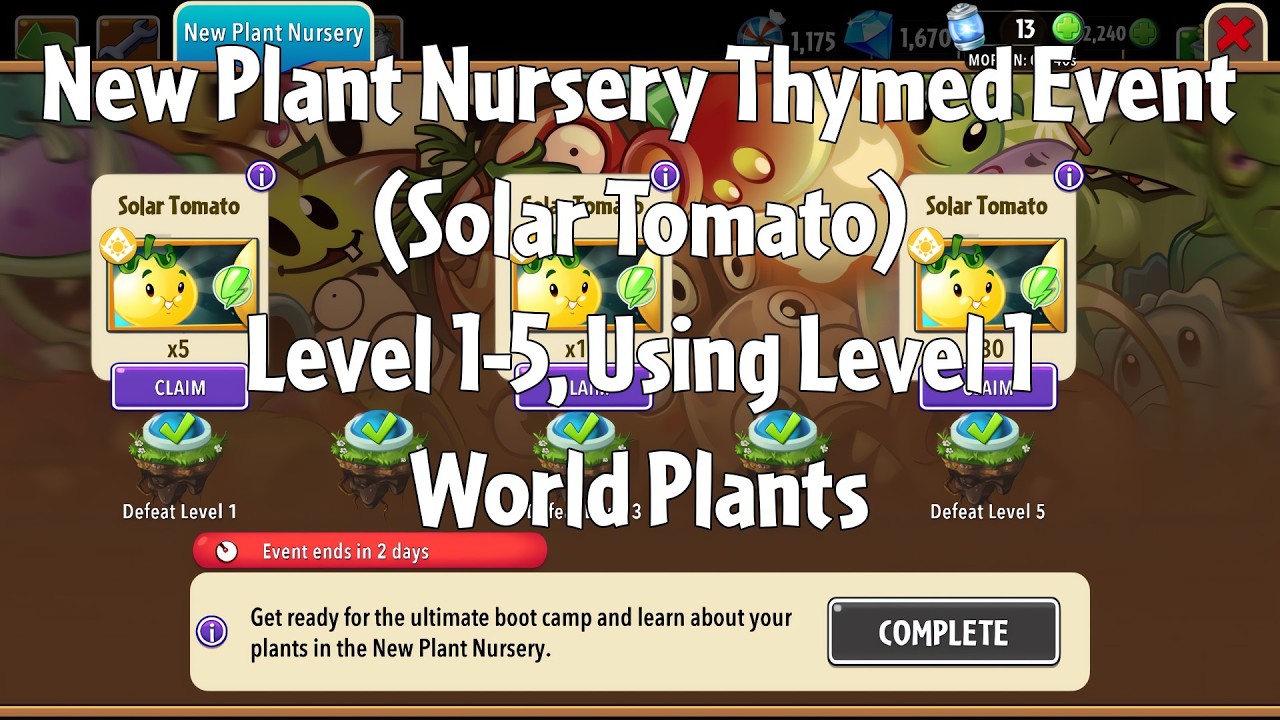PvZ2 NPN Thymed Event (Solar Tomato), Level 1-5, Using Level 1 World Plants - Gameplay