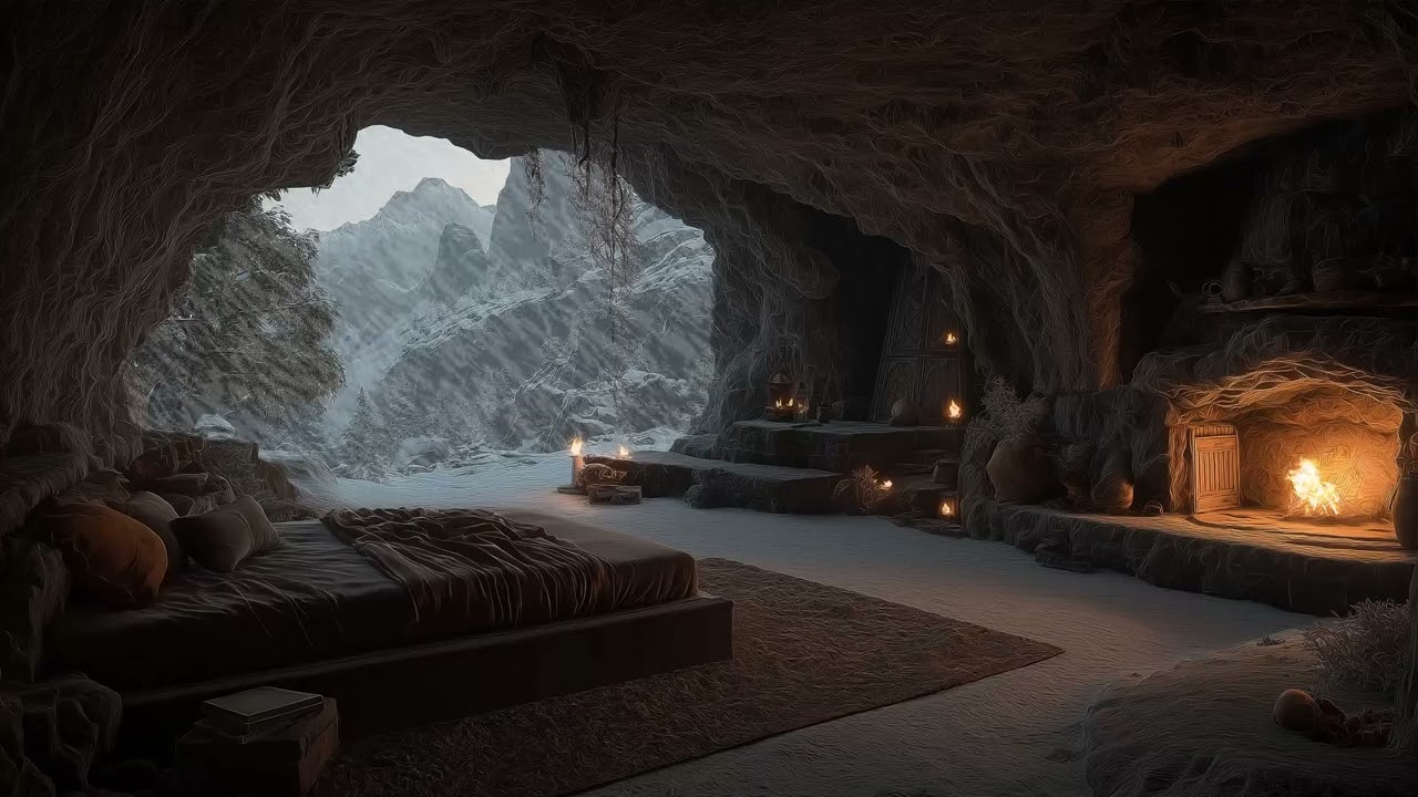 🎧Winter Sanctuary with Fireplace | Peaceful Cave Ambience for Deep Sleep, Reading & Ultimate Comfort