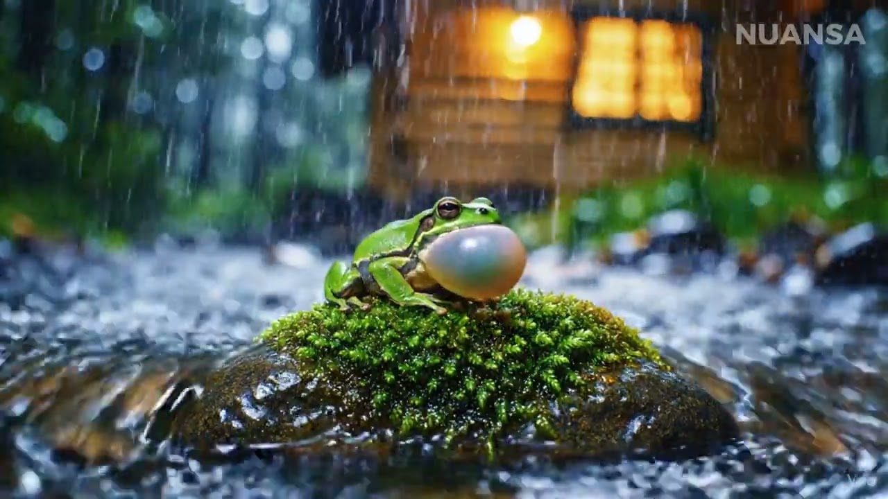 “Rainy Night in a Cozy Cabin | ASMR Frogs Singing & Gentle Stream Sounds”