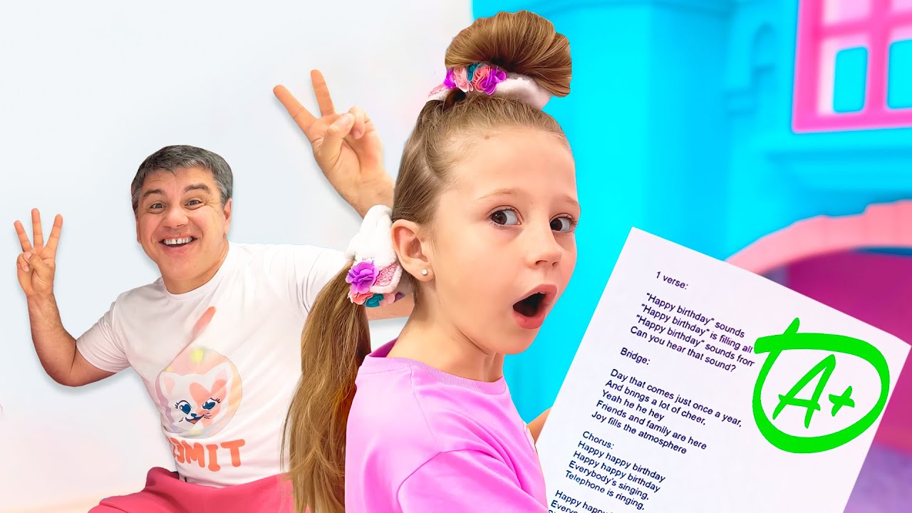 Nastya lernt und spielt Gymnastik und andere Indoor-Aktivitäten