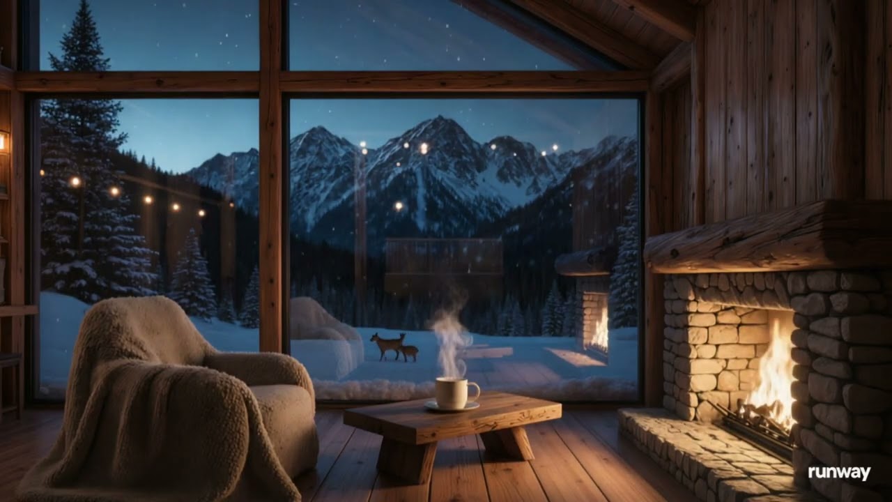 4K Cozy Mountain Cabin with Falling Snow and Burning Fire