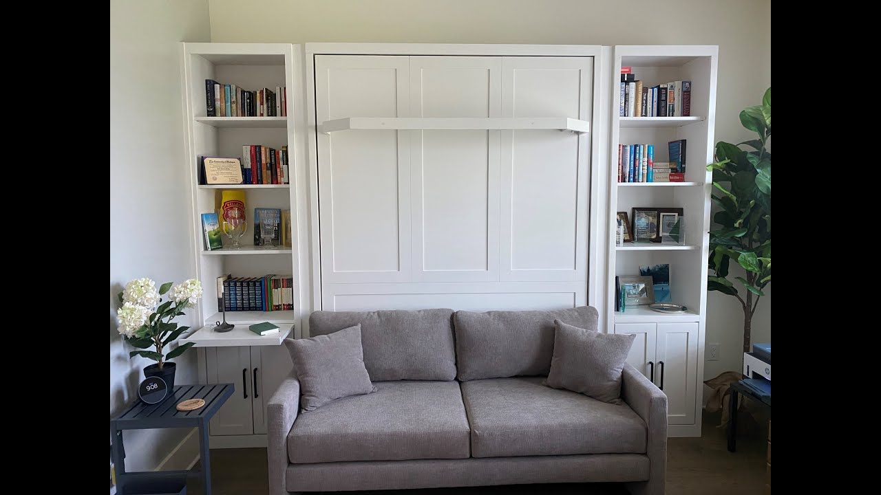 Shaker Sofa Murphy Wall Bed with Lighted Shelf Leg and Side Pier Cabinets