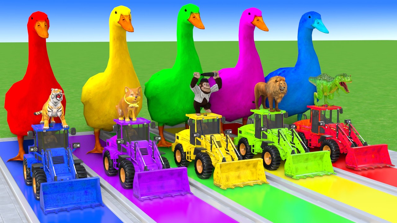 5 Giant Duck Cartoon,Cow,Elephant,Tiger,Dinosaur,Paint Wild Animals Crossing Fountain Animation #507