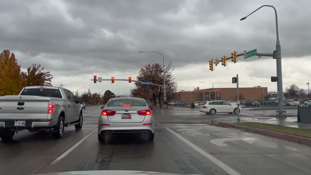Entire University Avenue Provo, UT. Driving from north-end to south-end. Beautiful gray clouds.
