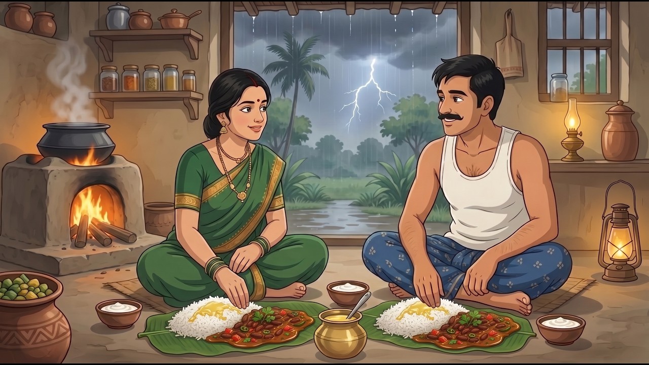 1990s Rainy Indian Village Morning 🌧️ | Homemade Bean Curry & Cozy Family Life | Ghibli Style ASMR