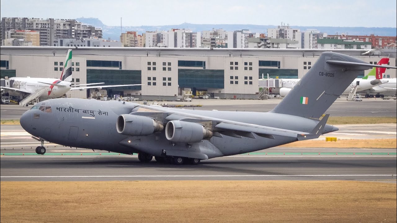 Indian Air Force C-17 Globemaster III Lisbon Airport Takeoff (Dual Perspective)