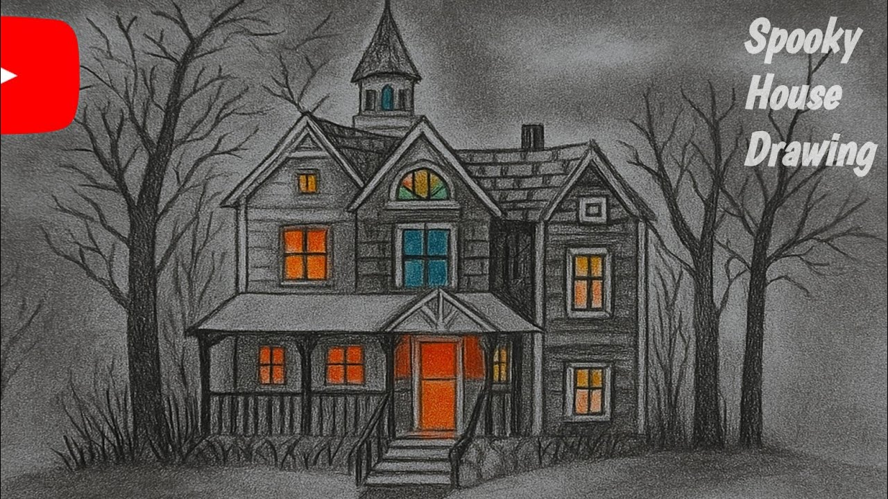 Haunted House Drawing Tutorial|| Scary House drawing|horror house drawing|how to draw haunted house