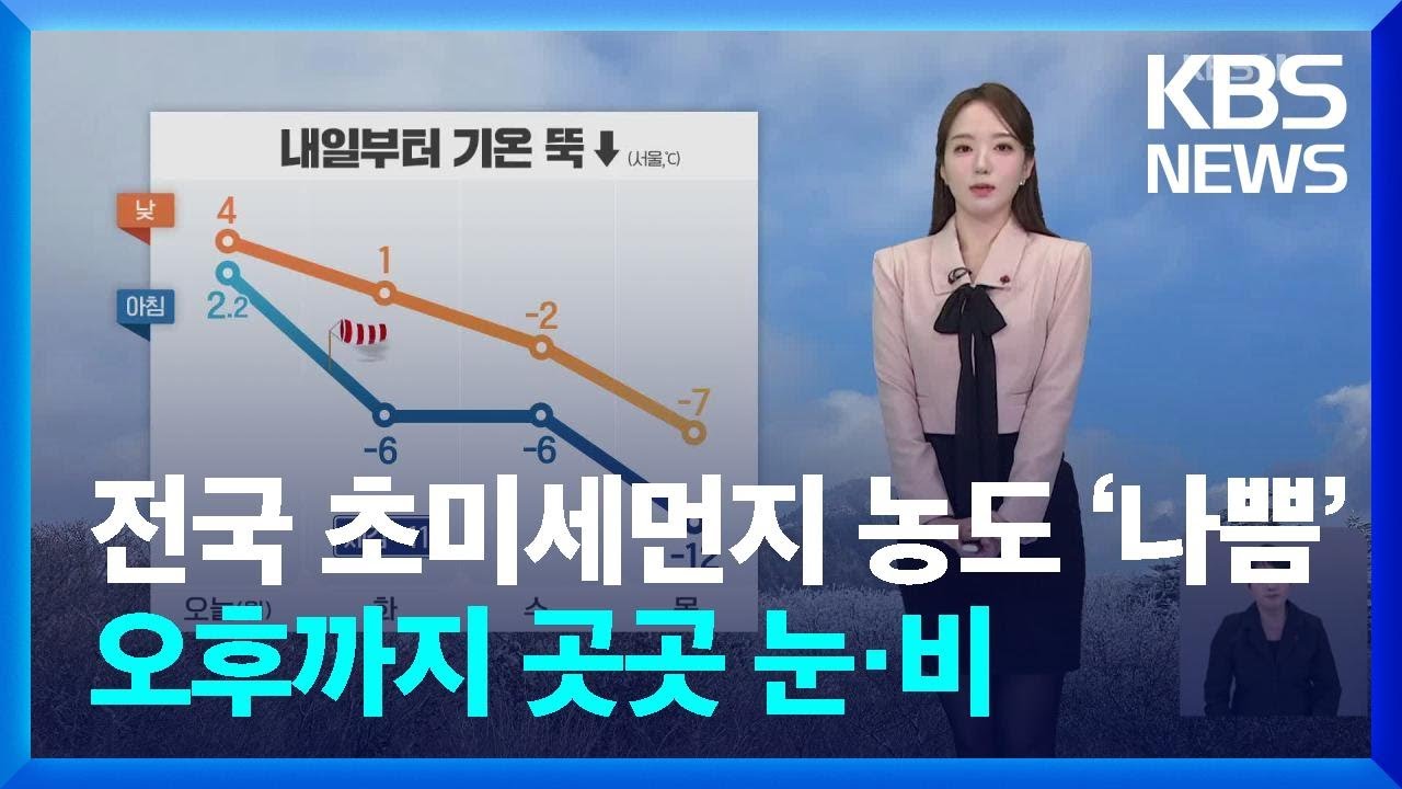 [날씨] 전국 초미세먼지 농도 ‘나쁨’…오후까지 곳곳 눈·비 / KBS  2025.01.06.