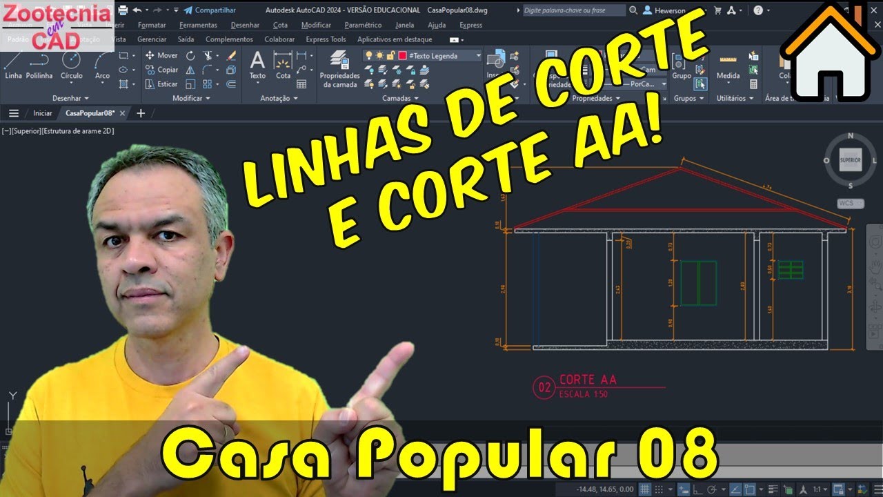 Casa Popular 08: Linhas de Corte e Corte AA em AutoCAD