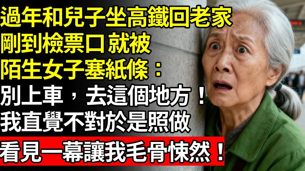 過年回老家，兒子媳婦暈機我陪他們坐高鐵，提前1天出發，剛到檢票口被陌生女子塞1紙條：別上車，去這個地方！我直覺不對於是照做，結果看見一幕毛骨悚然！#養老#不孝子#人間家事#退休金
