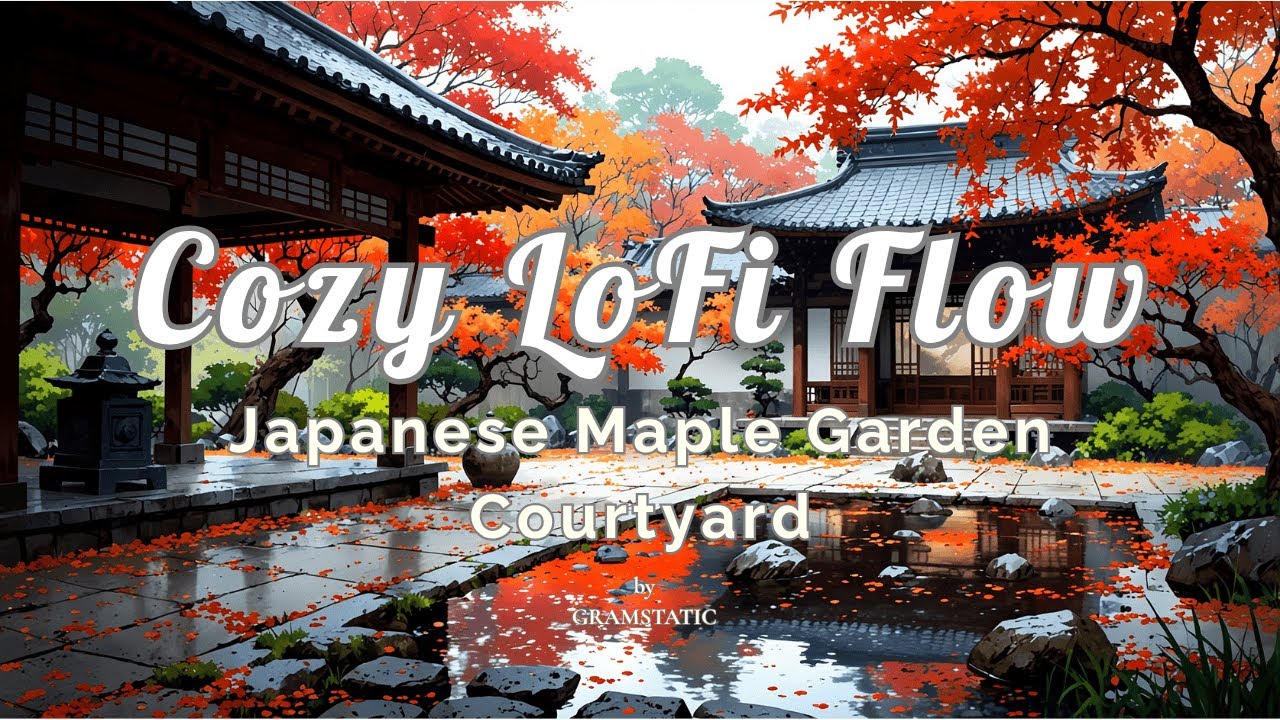 Japanese Maple Garden Courtyard (1 Hour of cozy Autumn Lofi Chillhop Jazz for Focus & Relaxation)