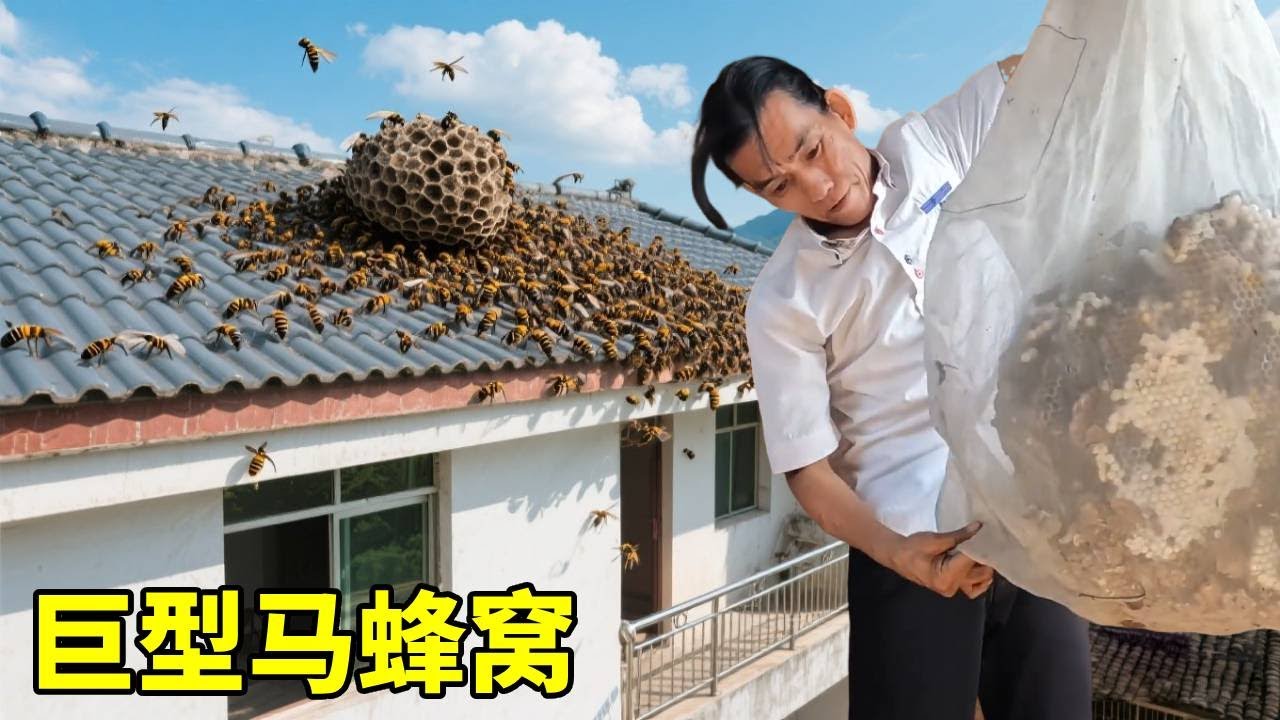 独居老人家中惊现巨型马蜂窝，义务帮忙将其拿下，太刺激了！ #农村生活#挖蜜