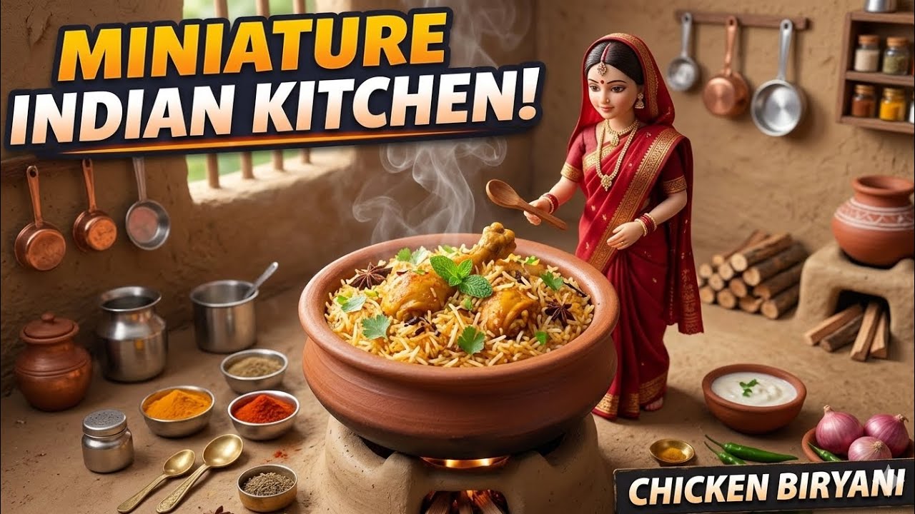 Miniature Doll Chicken Biryani Cooking in a Calm Indian Village Kitchen