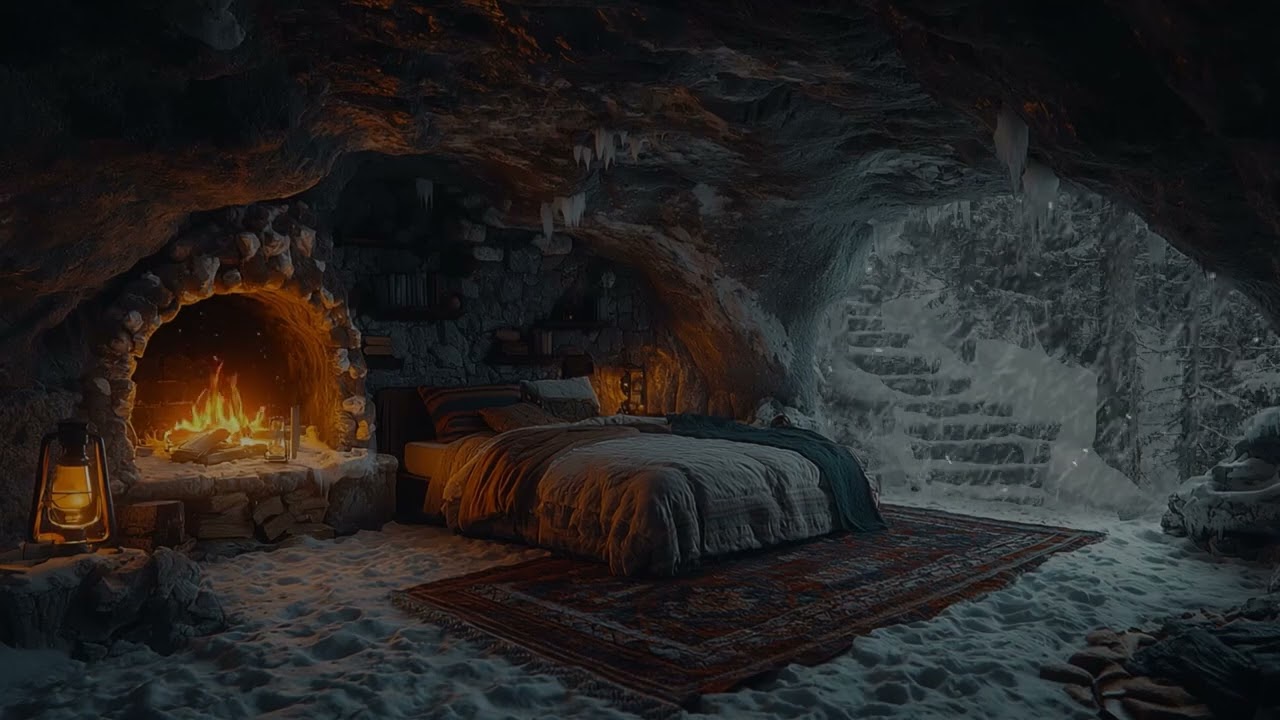 Frozen Cave Bedroom ❄🔥 | Fireplace & Blizzard Sounds for Deep Sleep & Winter Relaxation
