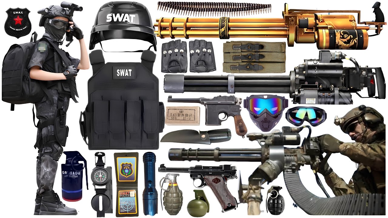 Special police weapon toy set unboxing, Gatling heavy machine gun, AWM sniper rifle,AK47 rifle, Colt