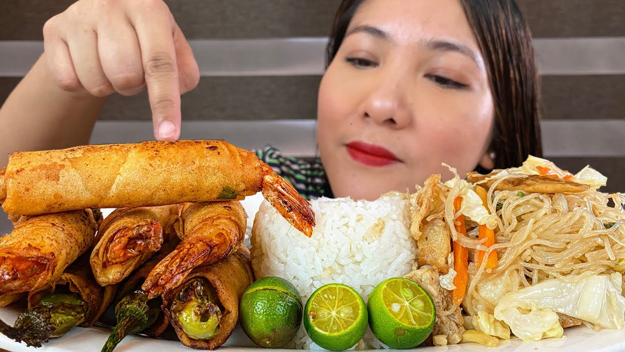 CRISPY SHRIMP ROLLS AND PANCIT BIHON
