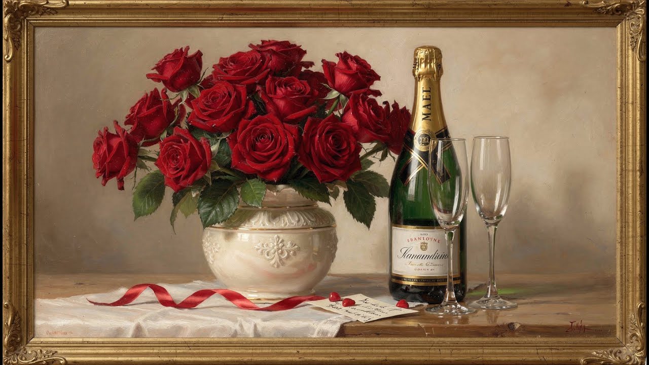 Romantic Red Roses & Champagne 🍾🌹 Classical Oil Painting in Gold Frame | Calm Art