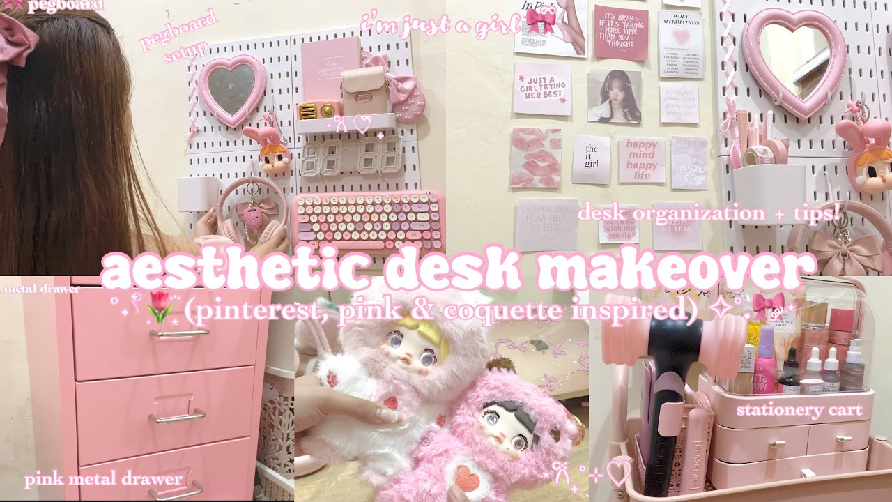 🎀aesthetic desk makeover: coquette, pink aesthetic & pinterest inspired #pink #coquette #pinterest