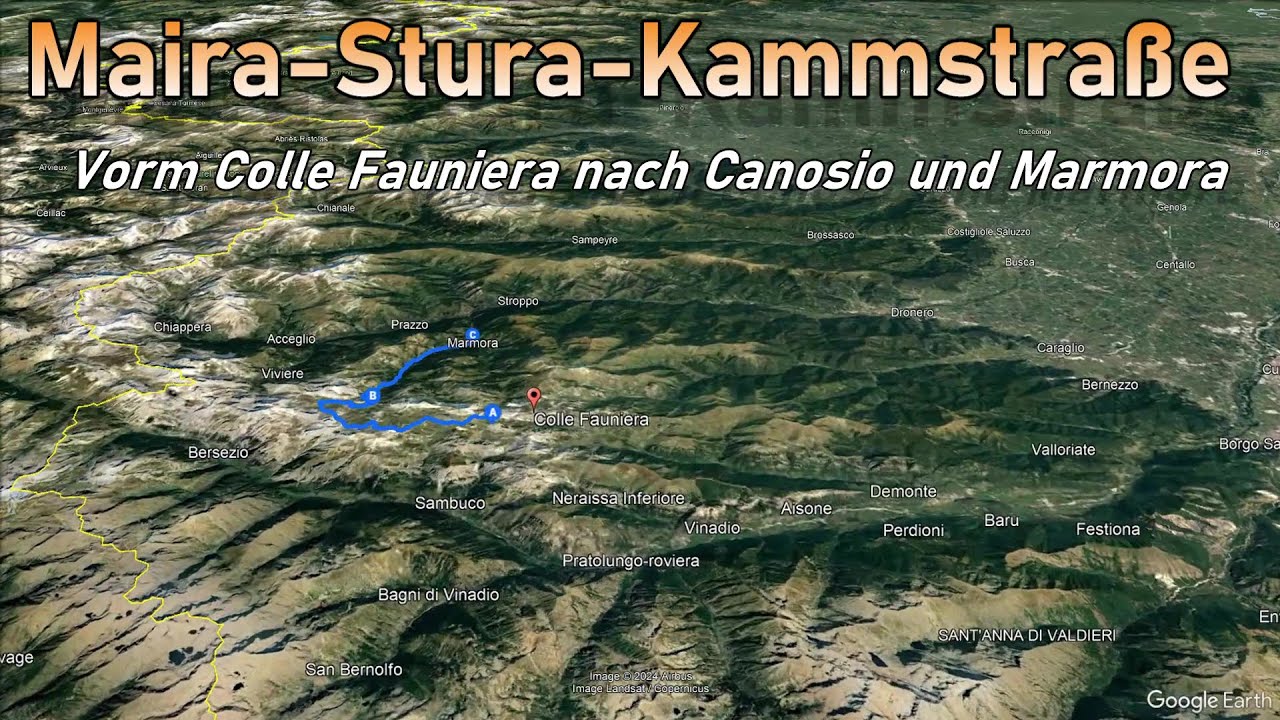 Maira-Stura-Kammstraße - vorm Colle Fauniera bis Canosio und Marmora in voller Länge 