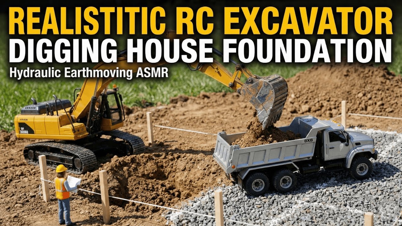 Realistic RC Excavator Digging House Foundation Hydraulic Earthmoving ASMR