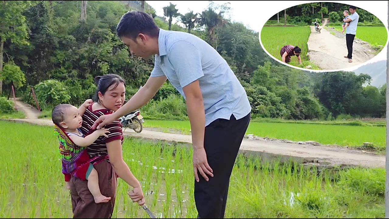 Hang helps look after Tien's child while she works in the hot sun.