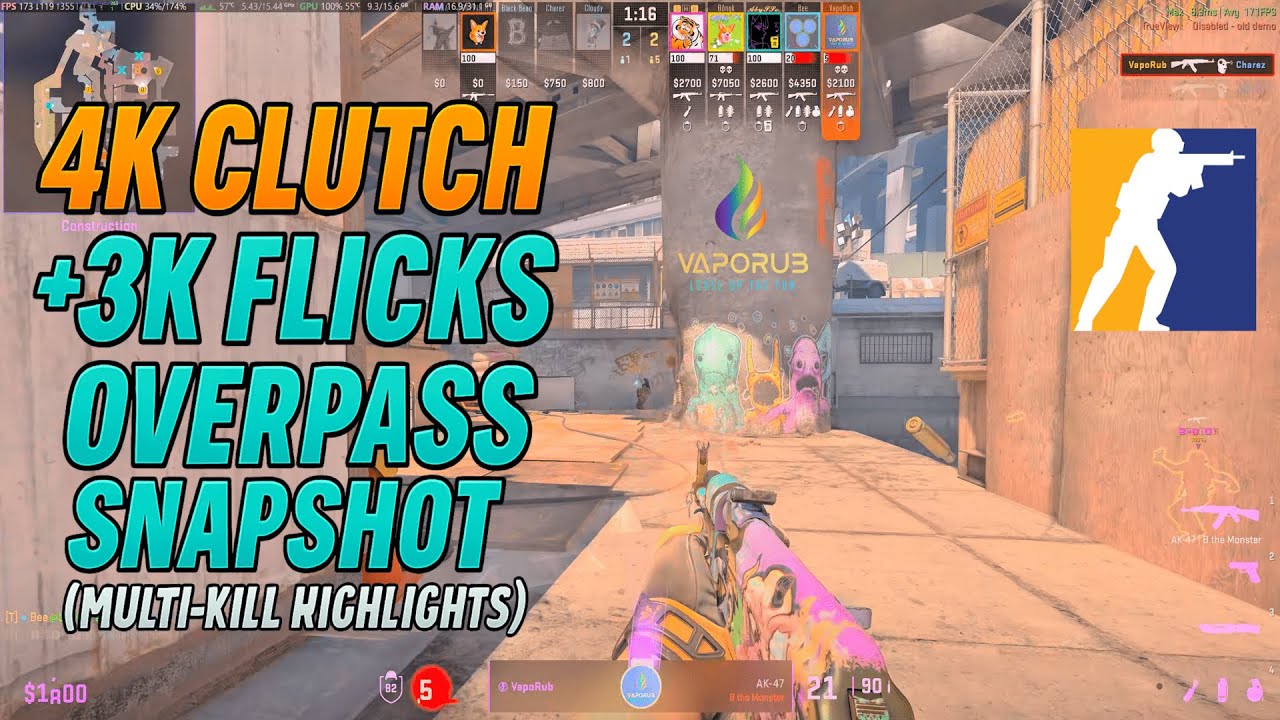 CS2 Overpass Highlights  4K Clutch + 3K Flicks on B Site