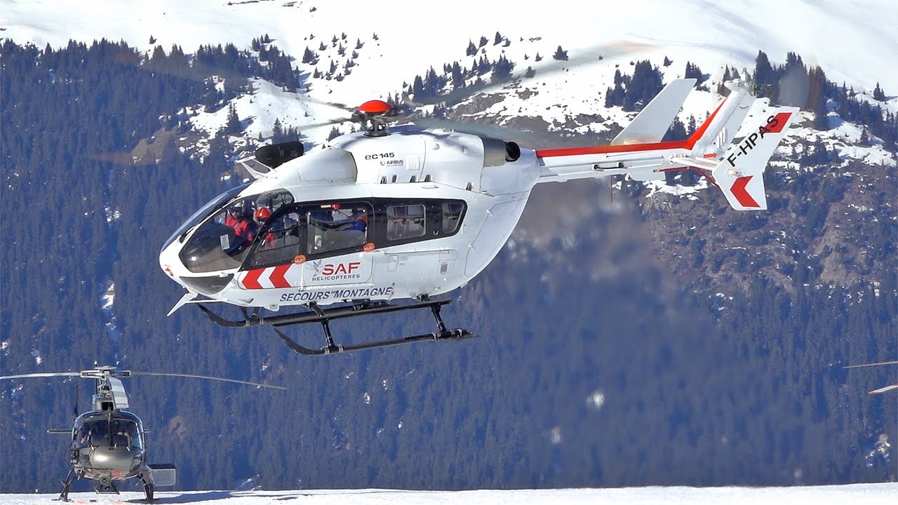 Eurocopter EC145 (Airbus Helicopters H145) landing takeoff at Courchevel