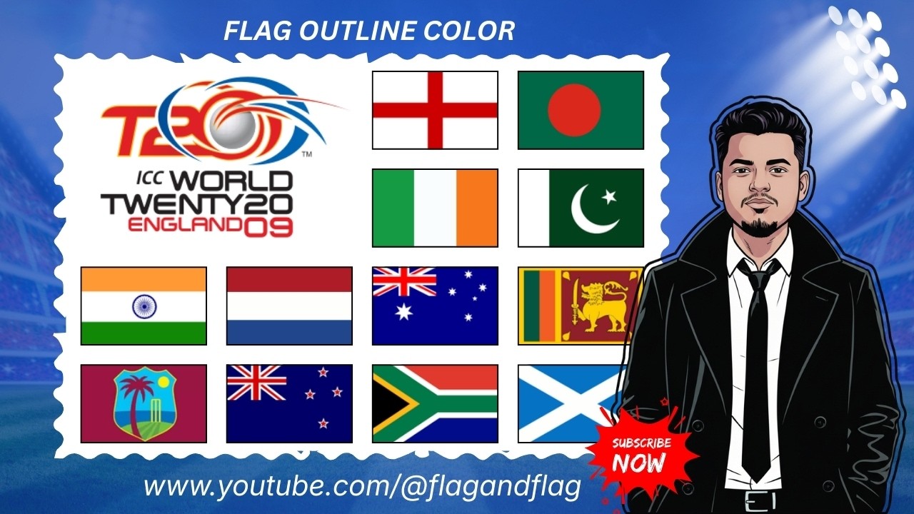 ICC T20 World Cup 2009 | Flag Outline Color Art Series 🇺🇳🏏 | All Participating Teams | F & F