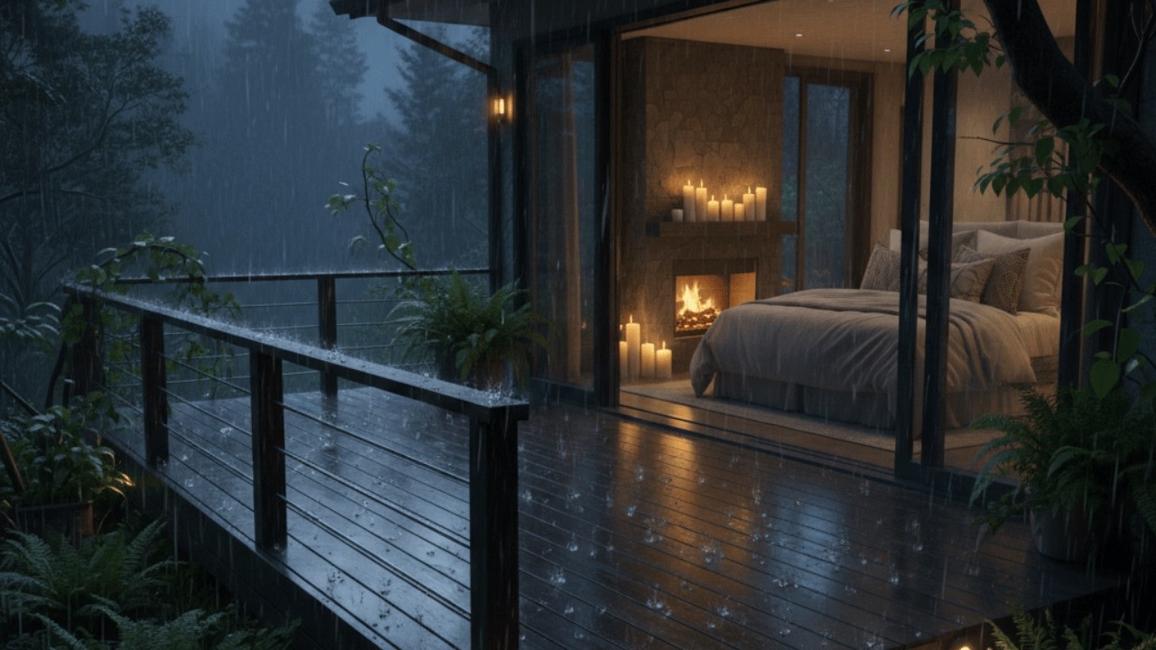 Heavy Rain & Thunder on Cabin Deck | Deep Sleep Storm Night